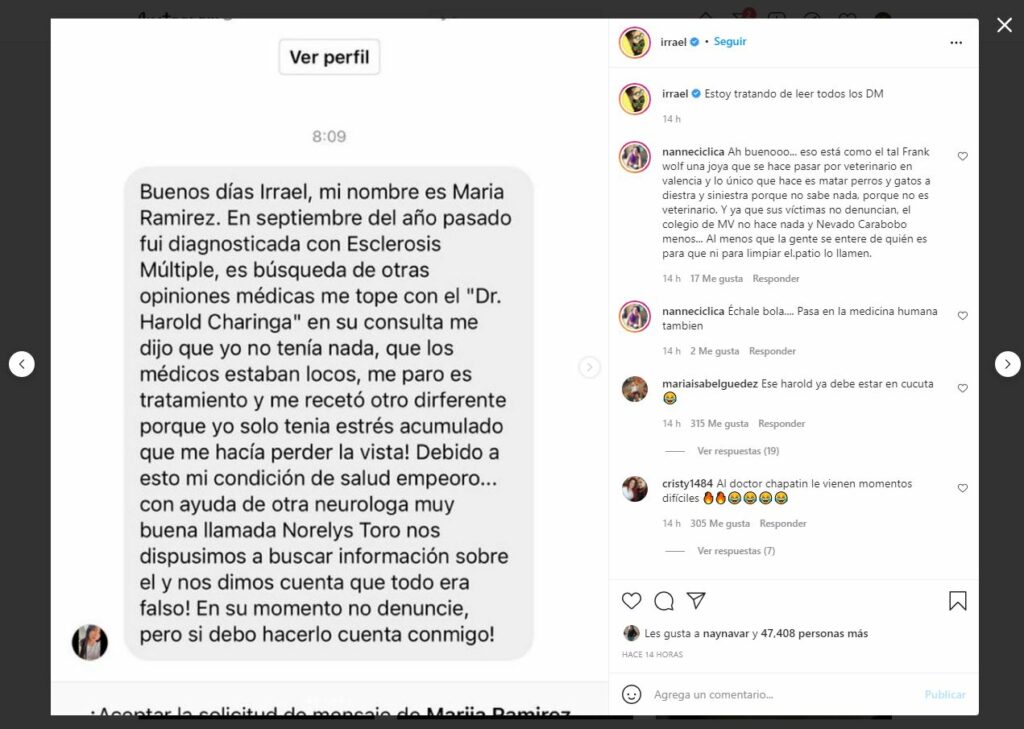 Instagram Irrael Gómez reacciones Charinga