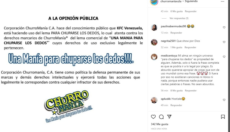 Churromanía ejercerá acciones legales contra KFC por uso de su slogan