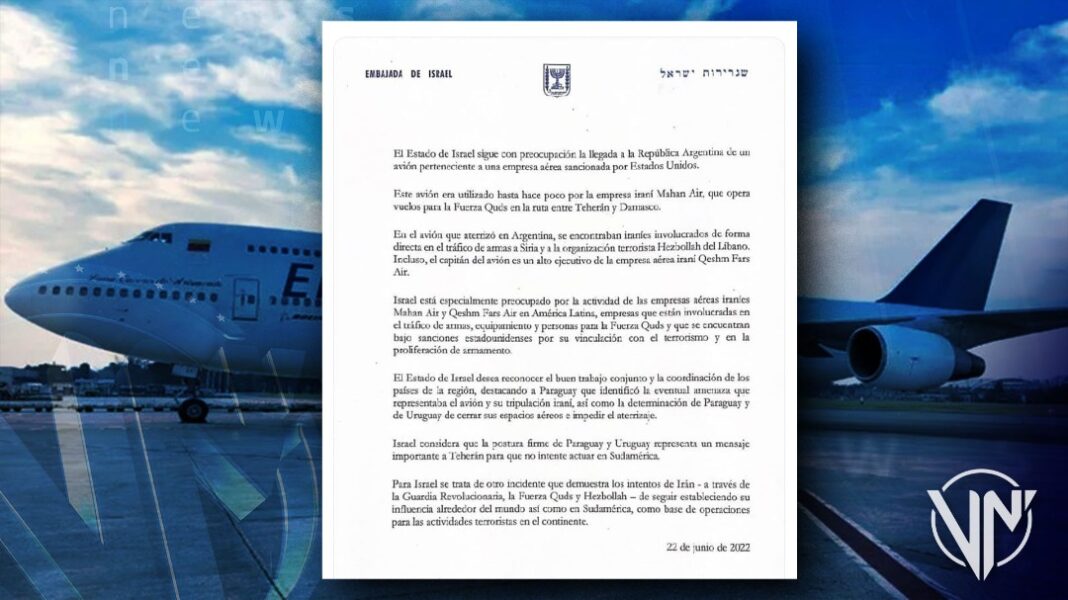A pesar de postura de Gobierno argentino Israel insiste en acusaciones contra avión Emtrasur