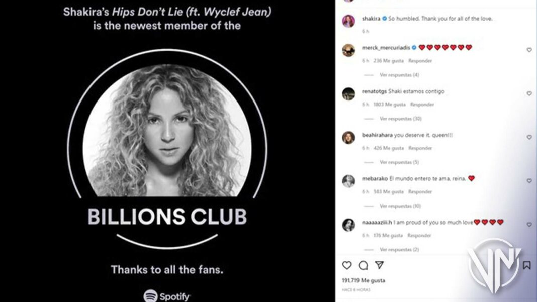 Shakira se une al Club del Billón de reproducciones en Spotify