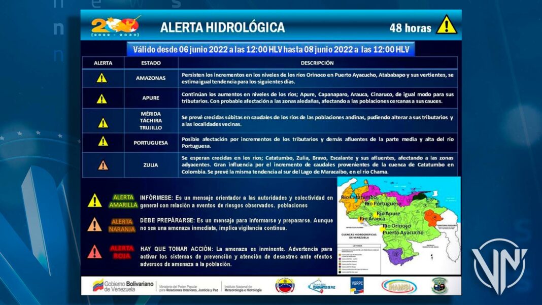 INAMEH emite alerta hidrológica en 7 estados de Venezuela por 48 horas