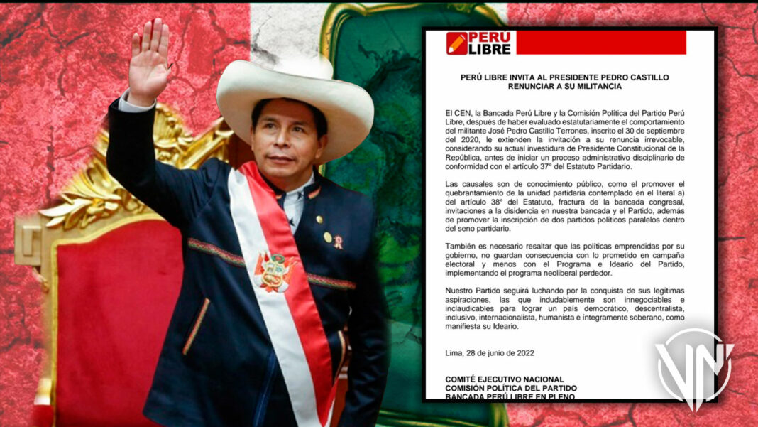 Perú Libre le pide la renuncia del partido a Pedro Castillo