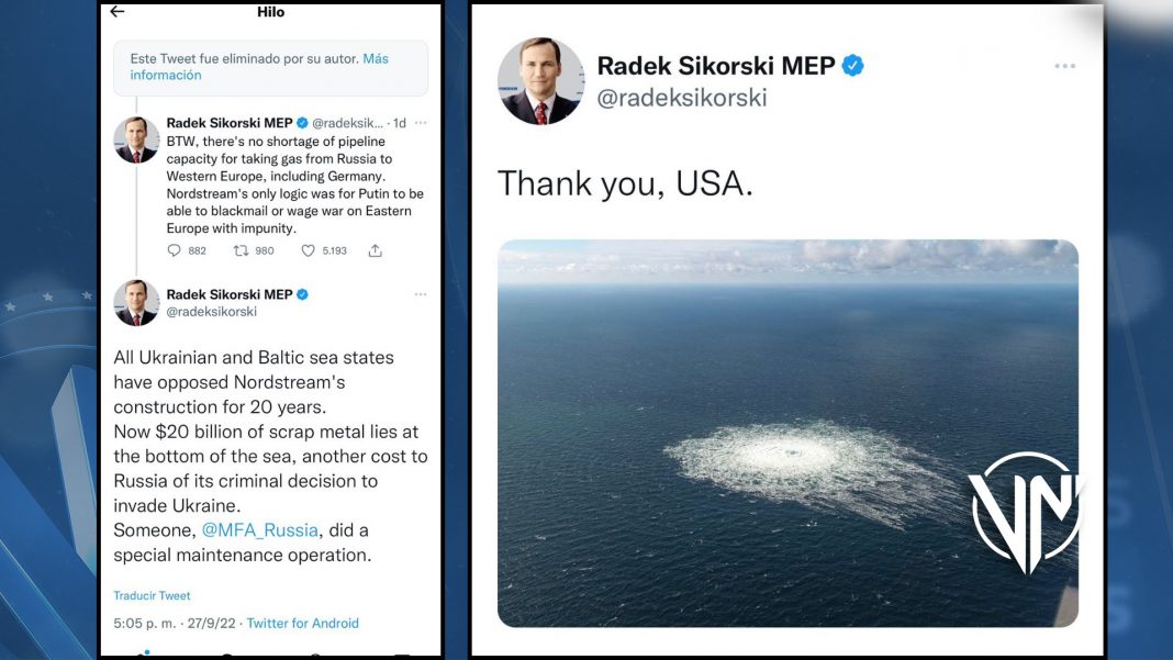 Radek Sikorski elimina tuit de agradecimiento a EEUU por sabotaje a Nord Stream