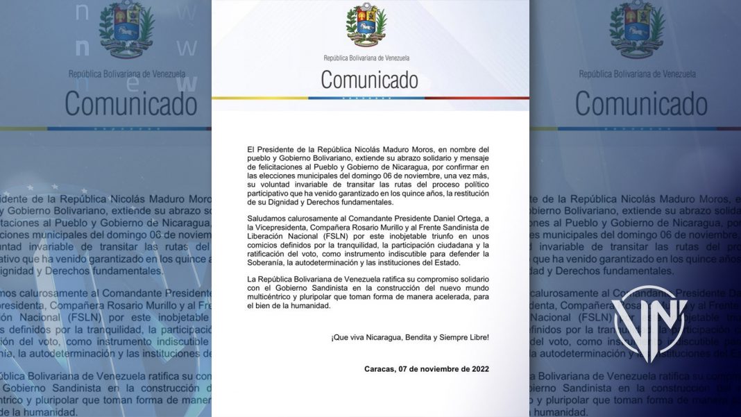 Venezuela felicita a Nicaragua por el triunfo sandinista en comicios municipales