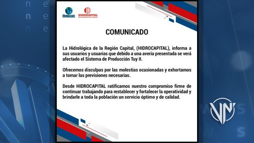 Hidrocapital informa suspensión del servicio por avería en Tuy II