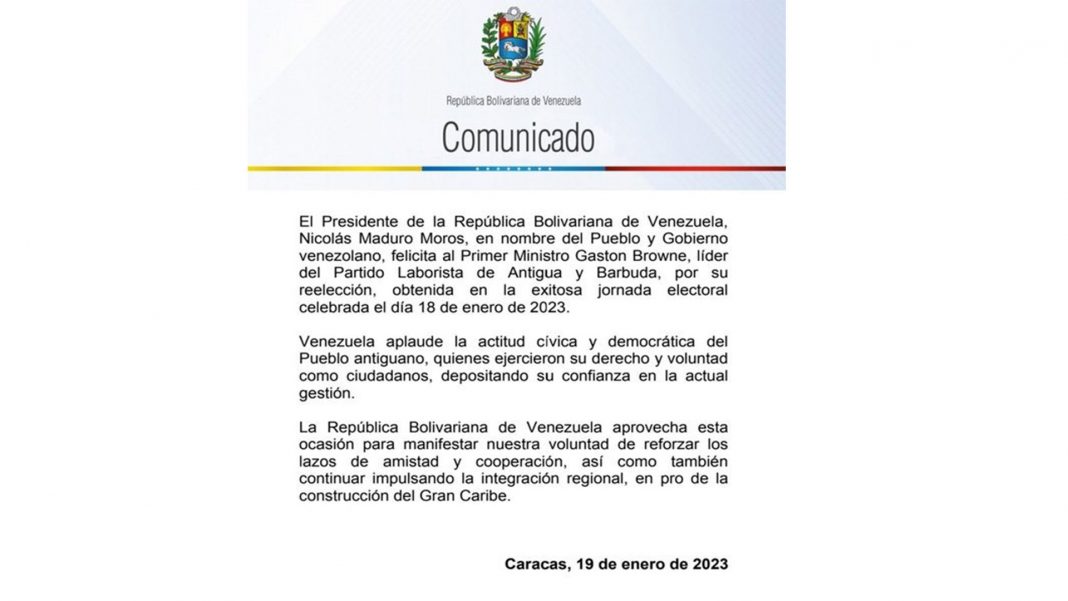 Venezuela felicita a Antigua y Barbuda por reelección de Primer Ministro (+Comunicado)