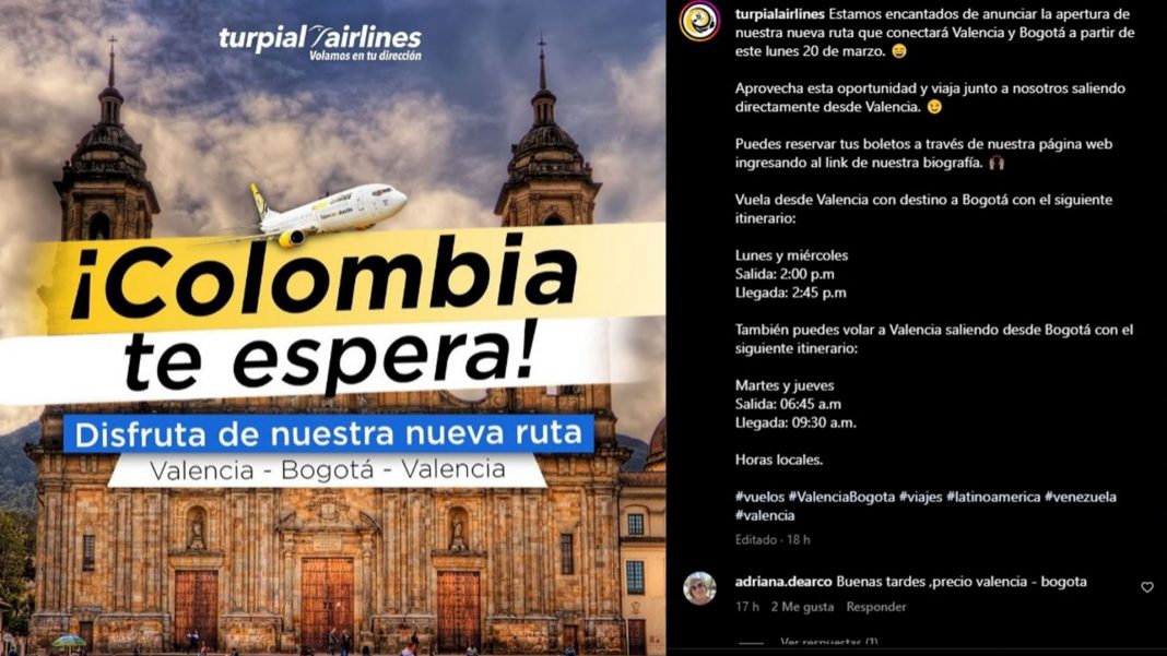 Es oficial: Turpial Airlines estrenará ruta directa entre Valencia y Bogotá
