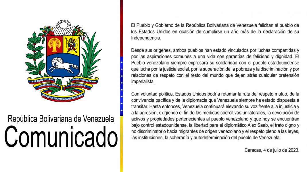 Gobierno de Venezuela felicita al pueblo de EE. UU por su independencia, pide fin de sanciones y libertad para Alex Saab (+Comunicado)