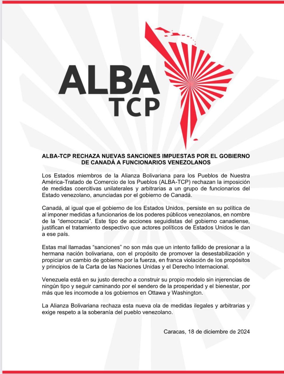 comunicado ALBA-TCP Canadá sanciones