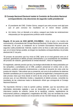 CNE Colombia Comisi&oacute;n Escrutinio Nacional resultados segunda vuelta